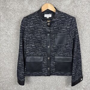 Calvin Klein Tweed & Faux Leather Jacket Black & White Women's Size 14‎